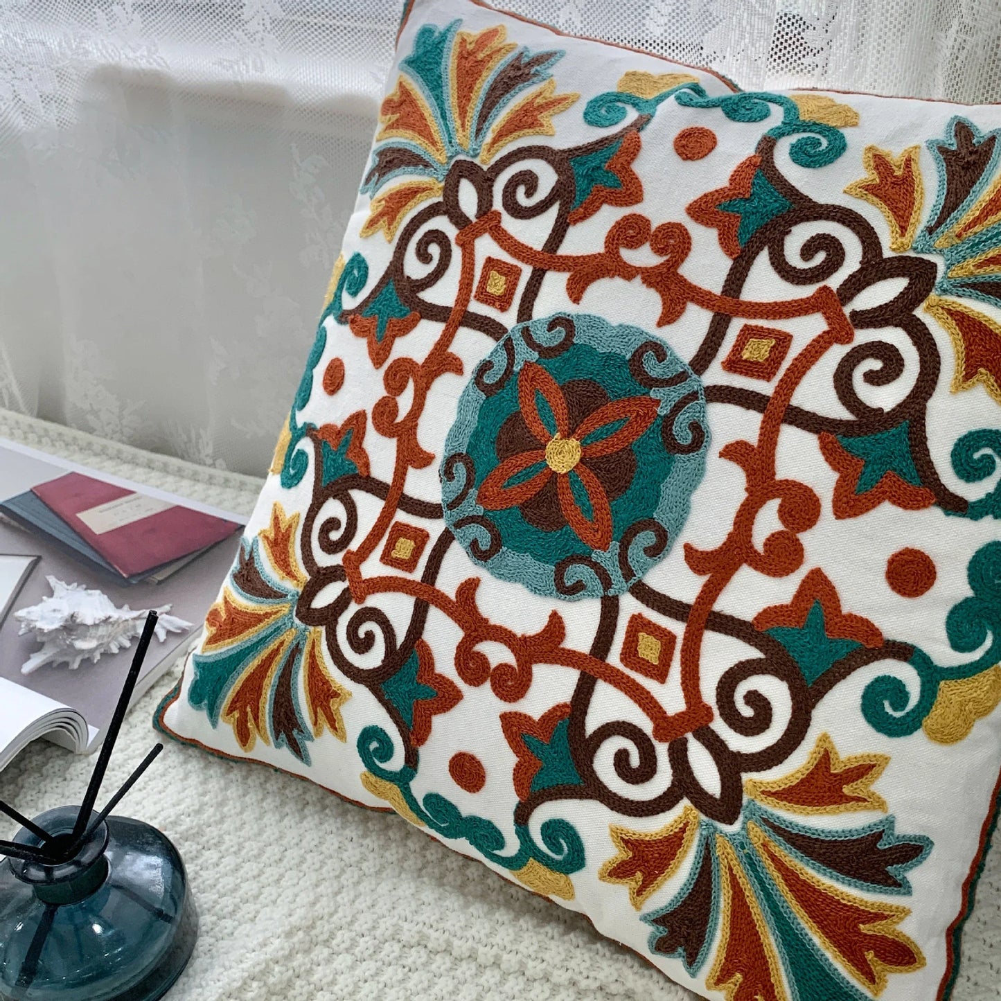 Ethnic Style Floral Embroidered Cotton Pillow Cover