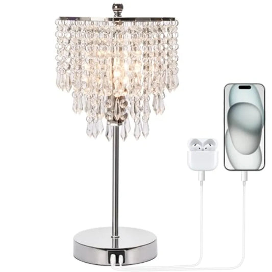 Crystal Table Lamp With USB Ports 3 Way Dimmable Bedside