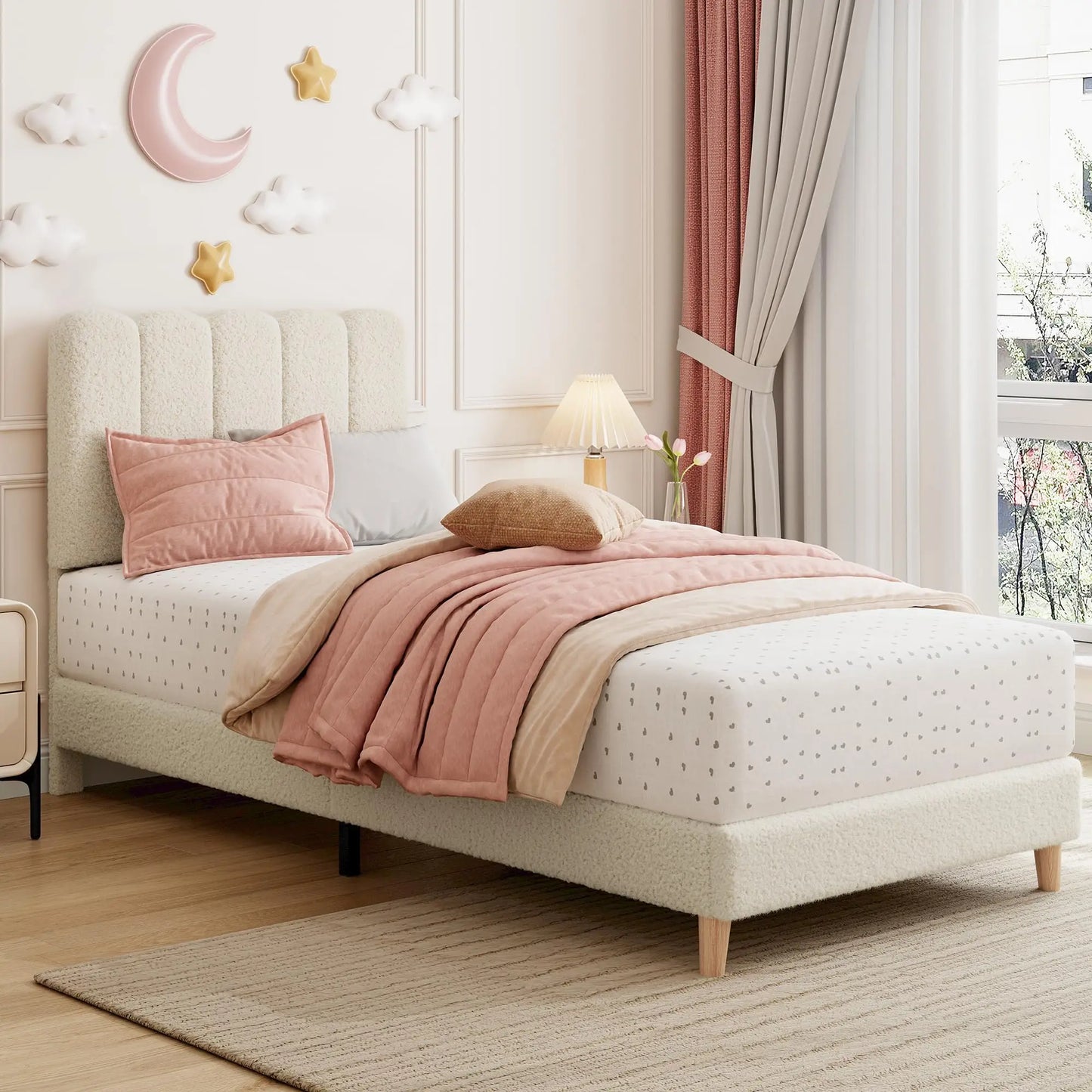 Twin Bed Frame, Upholstered Platform Bed with Wave Headboard for Girls/Kids, Easy Assembly, Wooden Slats Support, No Box Spring Needed