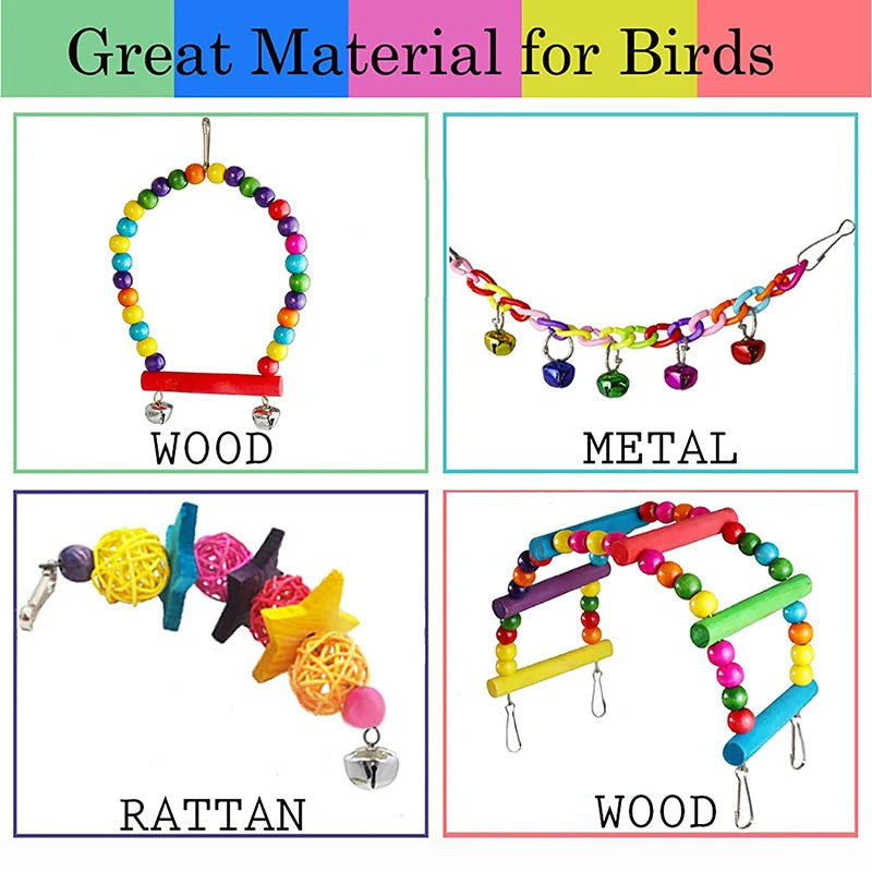 7-Piece Wood Parrot Toys Set With Swing Bridge Balls Bells