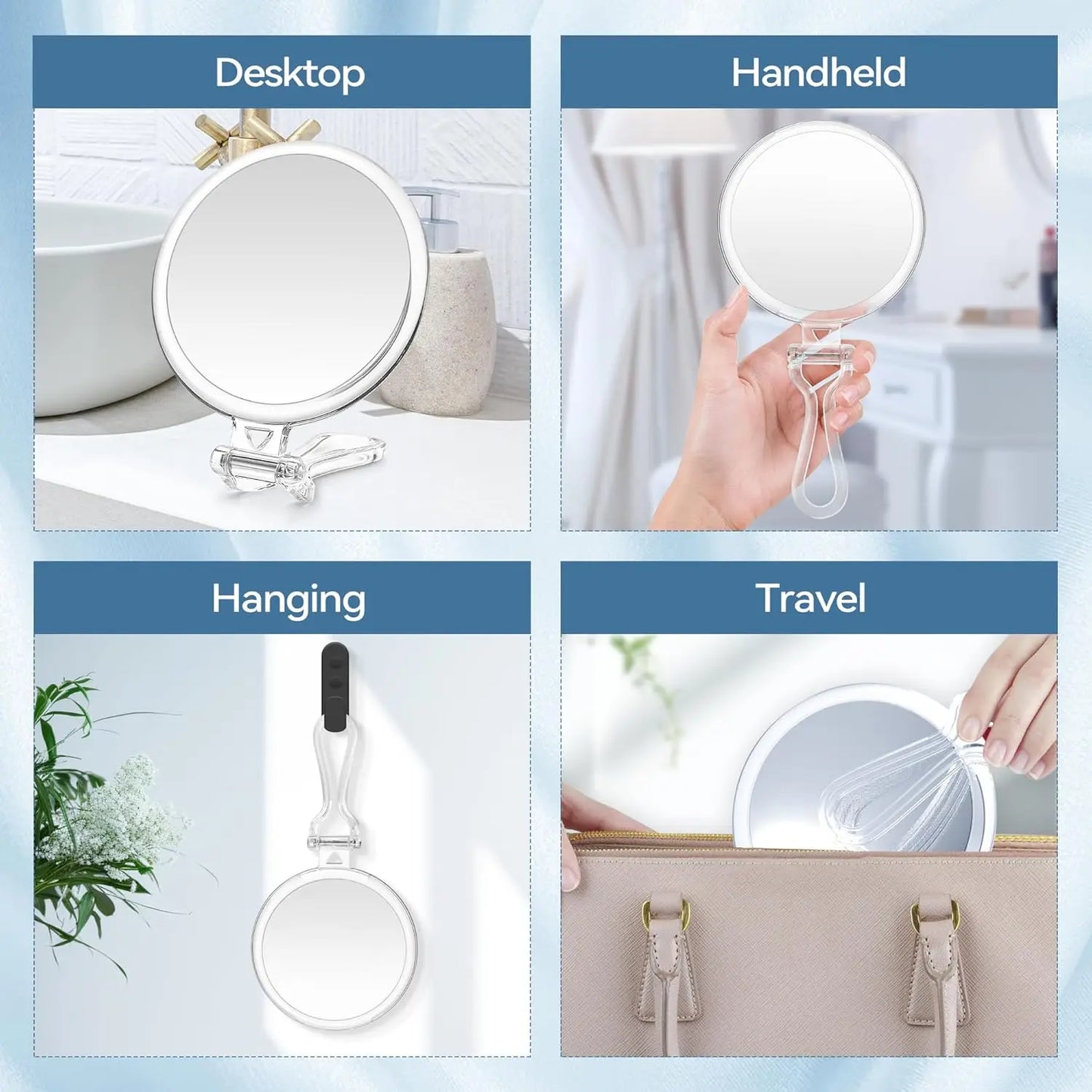 Portable Travel Mirror With Double-Sided Magnification For Makeup