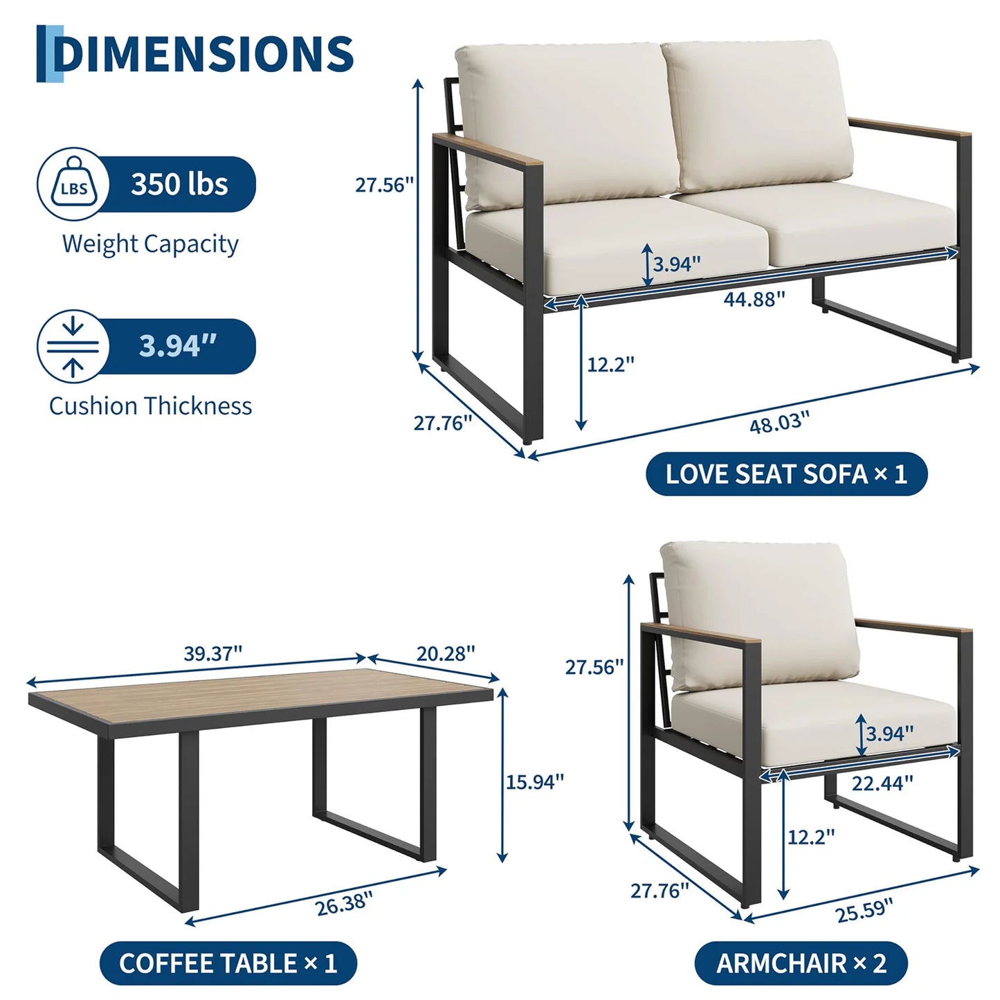 HobbyLane Modern Outdoor Patio Conversation Set With Coffee Table