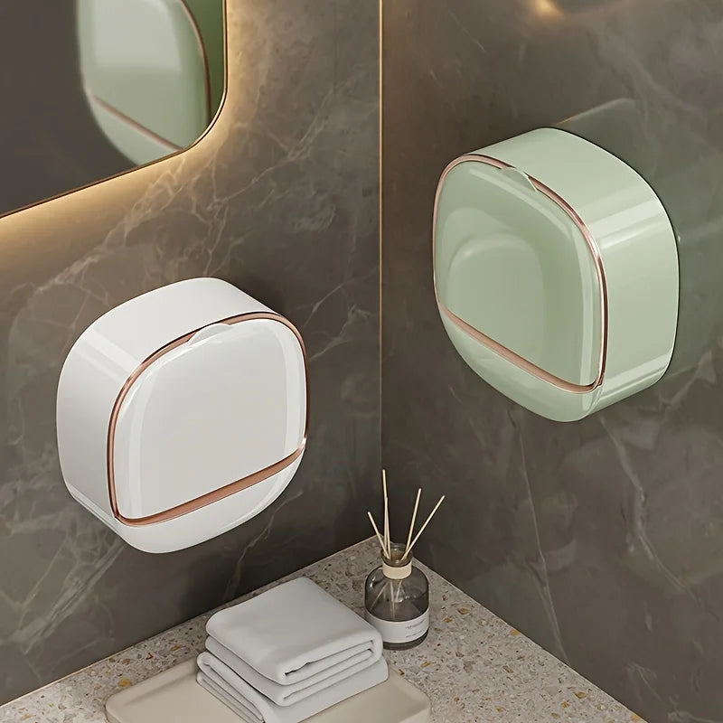 Wall Mounted Soap Box With Lid Drainage Tray Bathroom Organizer