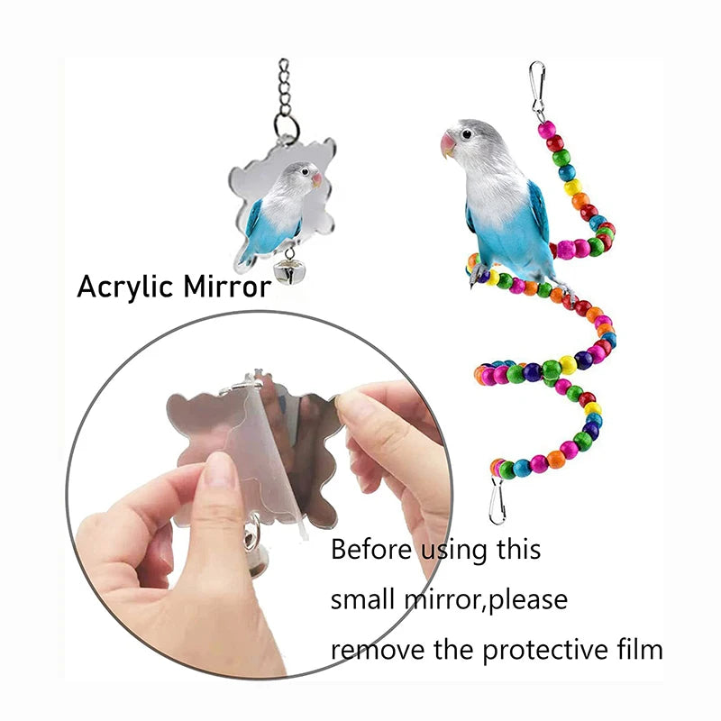 7-Piece Wood Parrot Toys Set With Swing Bridge Balls Bells
