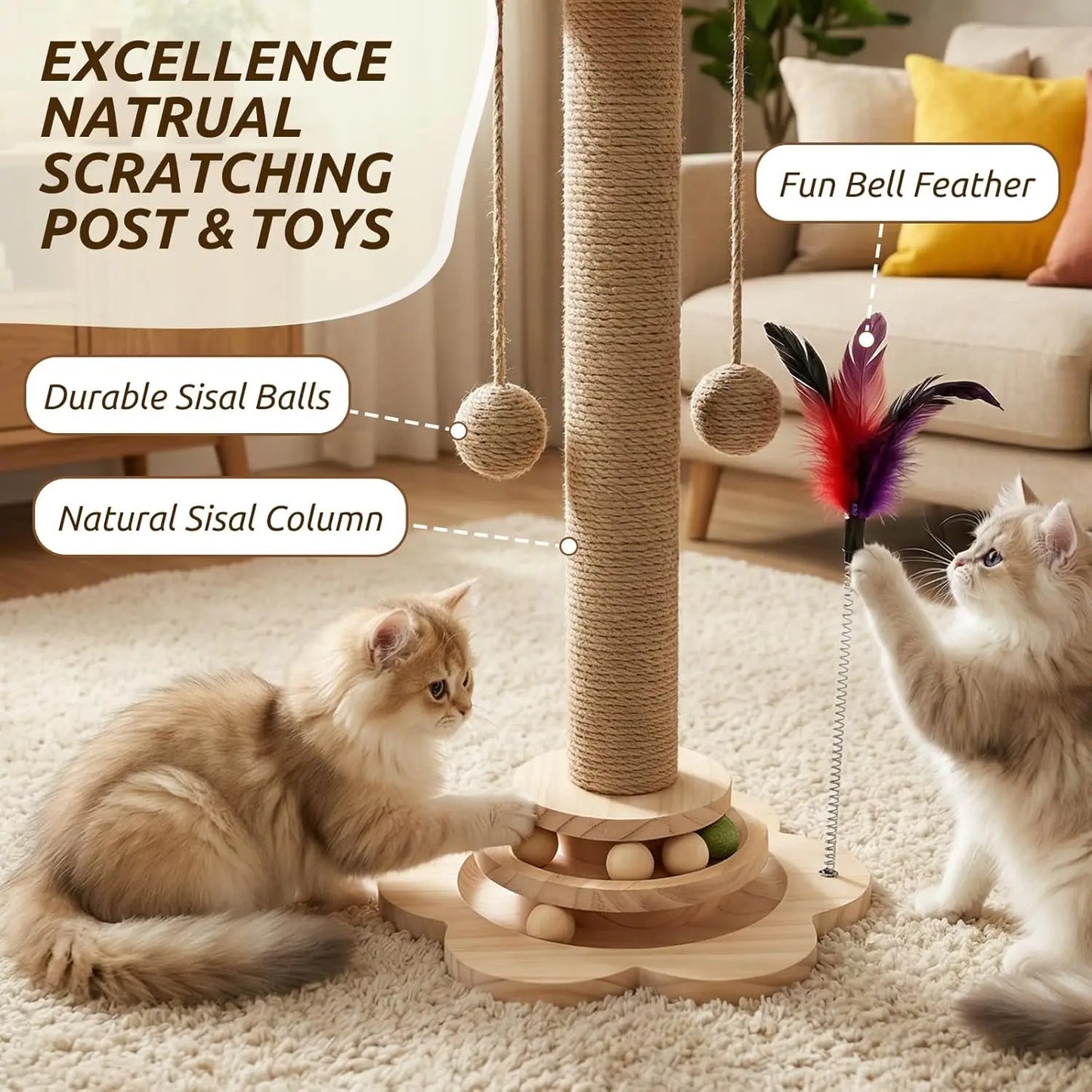 4 In 1 Cat Scratch Post Wooden Cat Scratcher With 2 Tier Catnip Balls