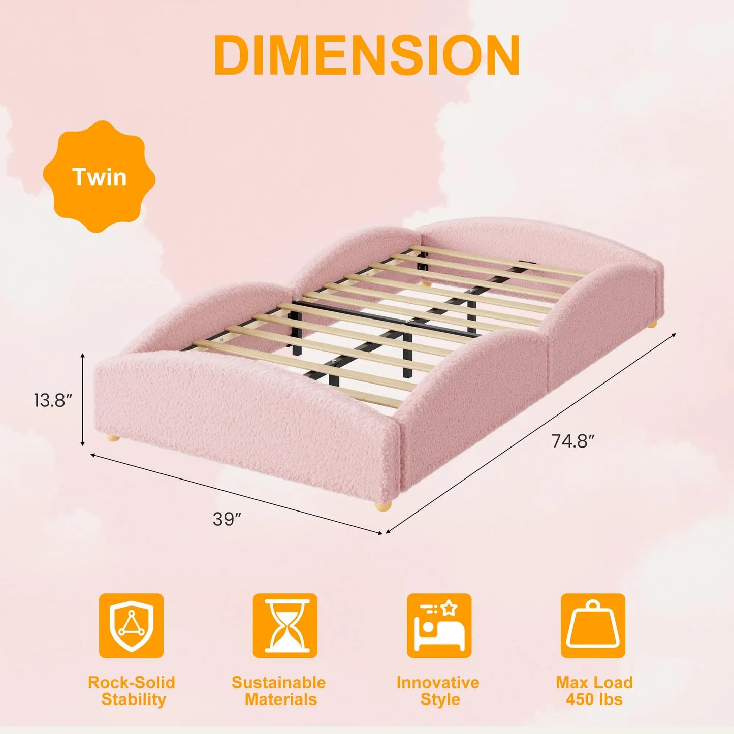 Twin Kids Floor Bed With Raised Sides, Teddy Fabric Upholstered Cloud Daybed, Montessori Platform Bed Frame With Wood Slats, No Box Spring