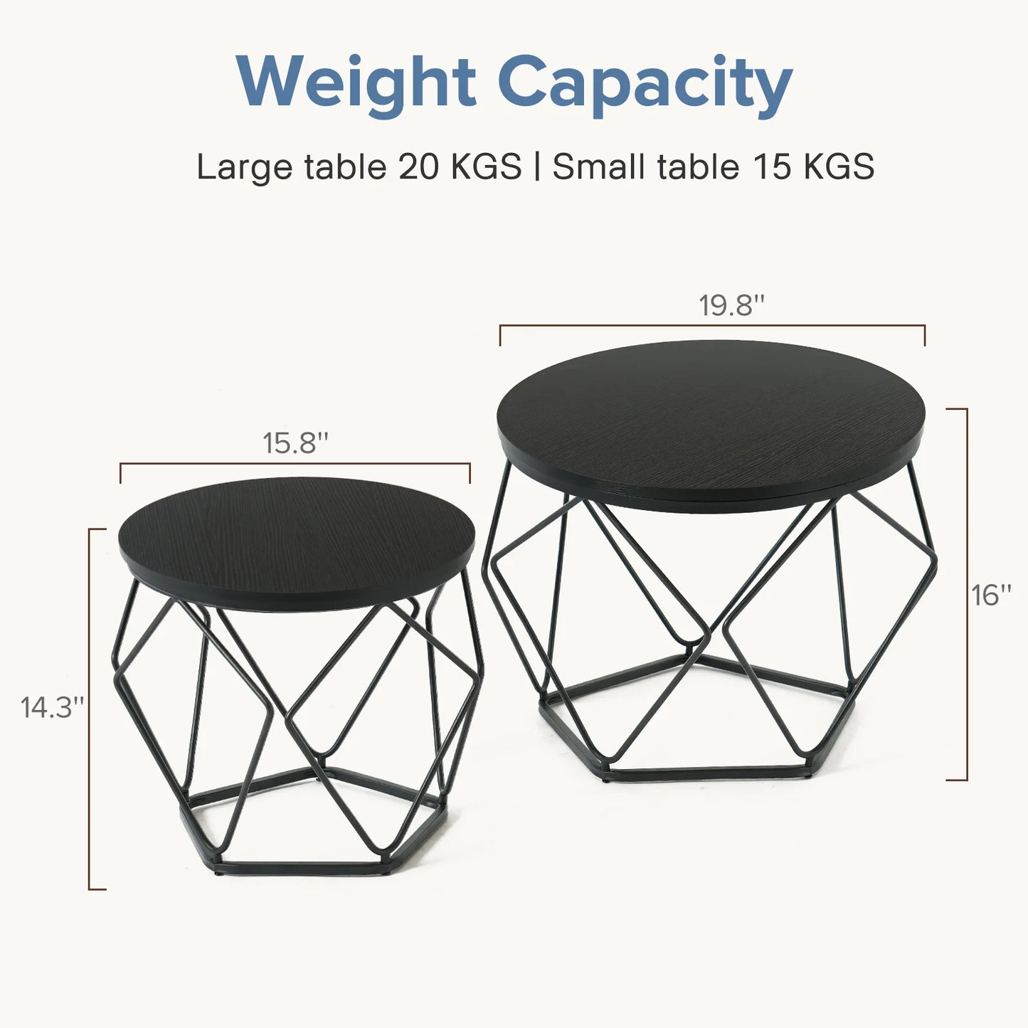 JHK Round Nesting Coffee Tables Metal Frame Storage Living Room