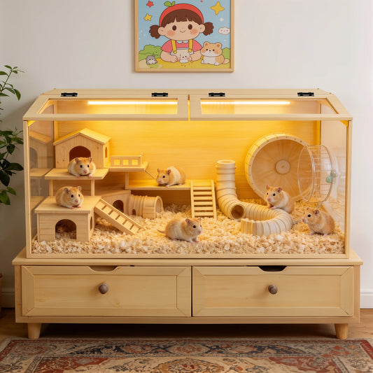 Wooden Hamster Cage With Built In LED Light Habitat
