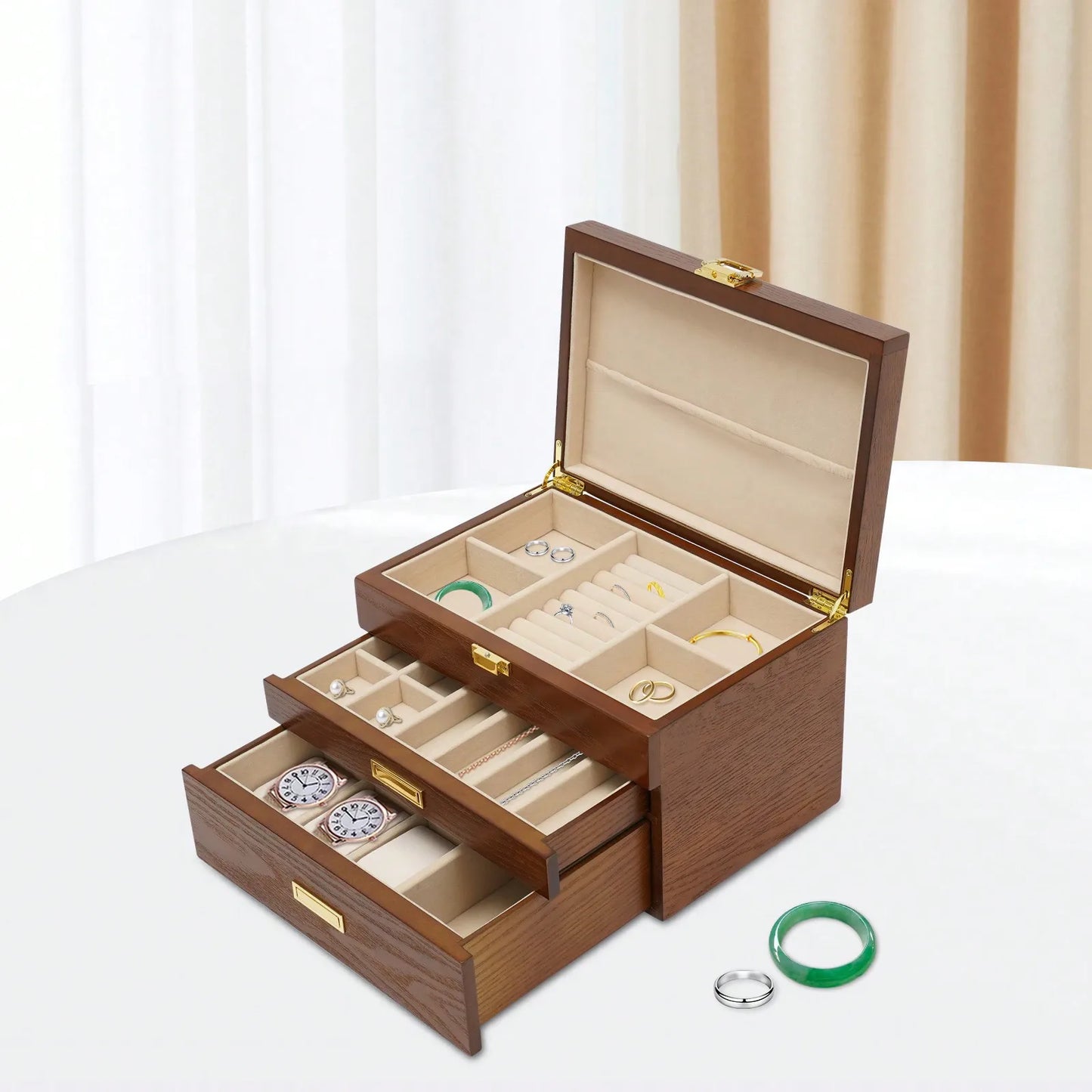 Elegant Wooden Jewelry And Watch Display Case Organizer