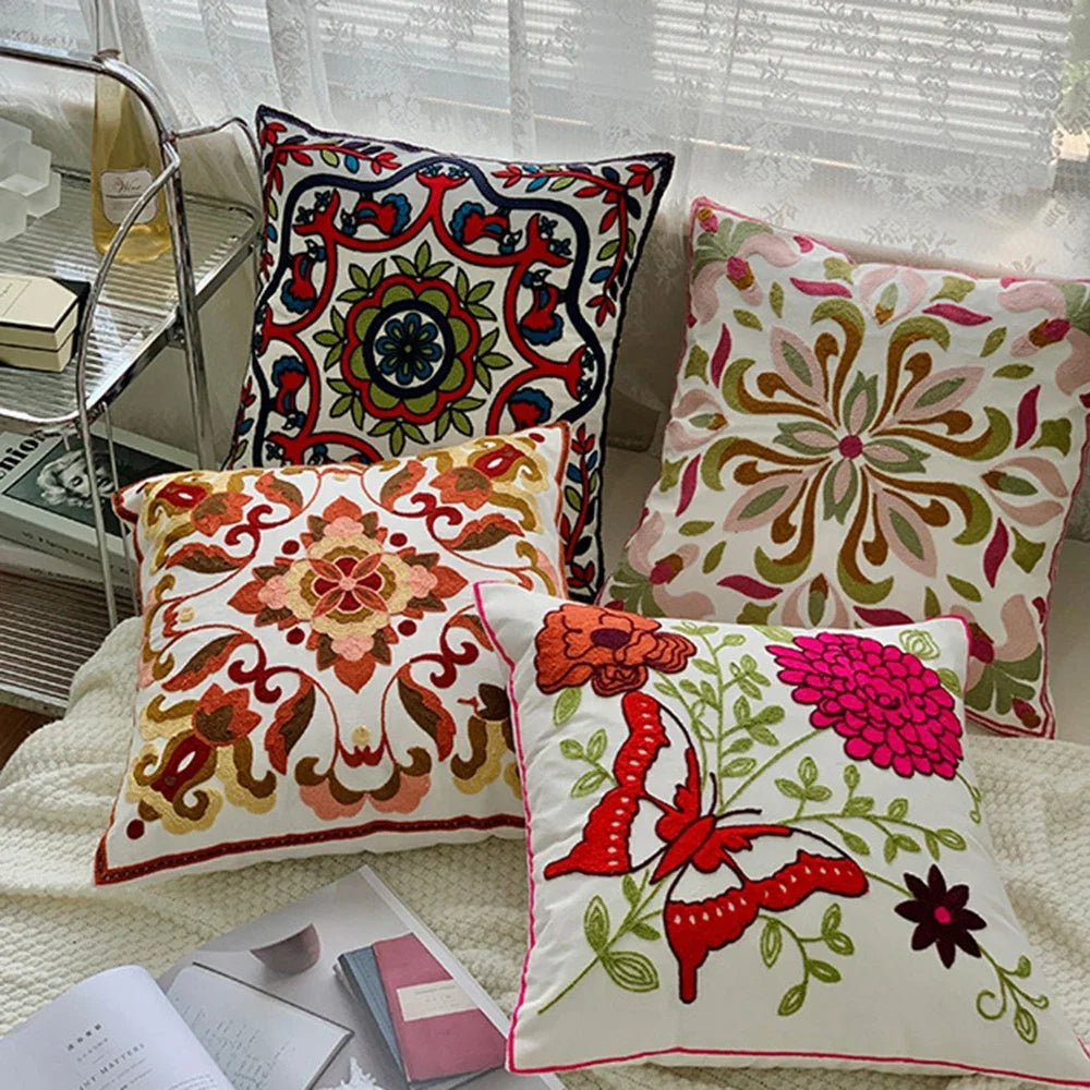 Ethnic Style Floral Embroidered Cotton Pillow Cover