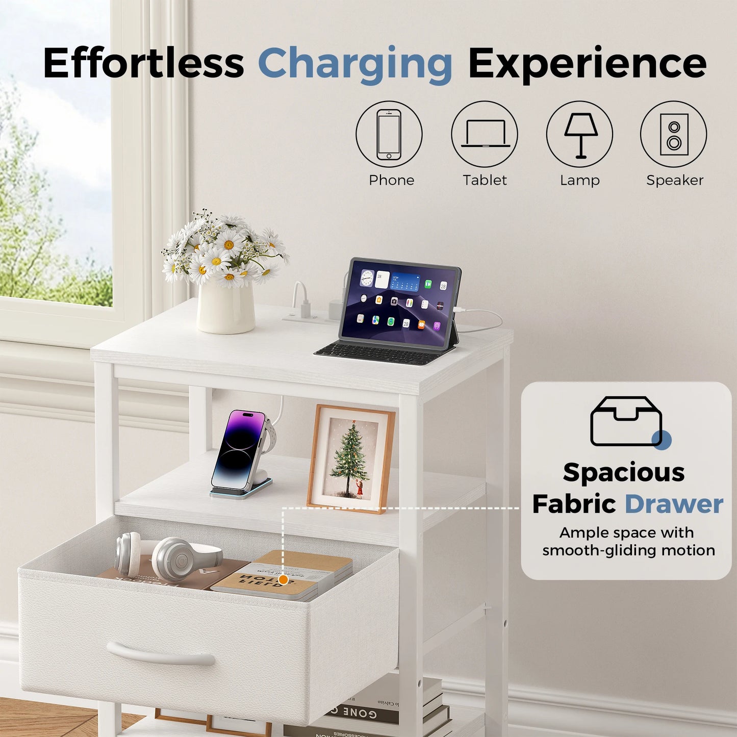 MCQ Nightstand 1 Fabric Drawers with LED Light Strip Cabinets Bedside End Table Storage With Charging Station for Home Furniture