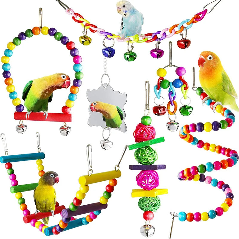 7-Piece Wood Parrot Toys Set With Swing Bridge Balls Bells