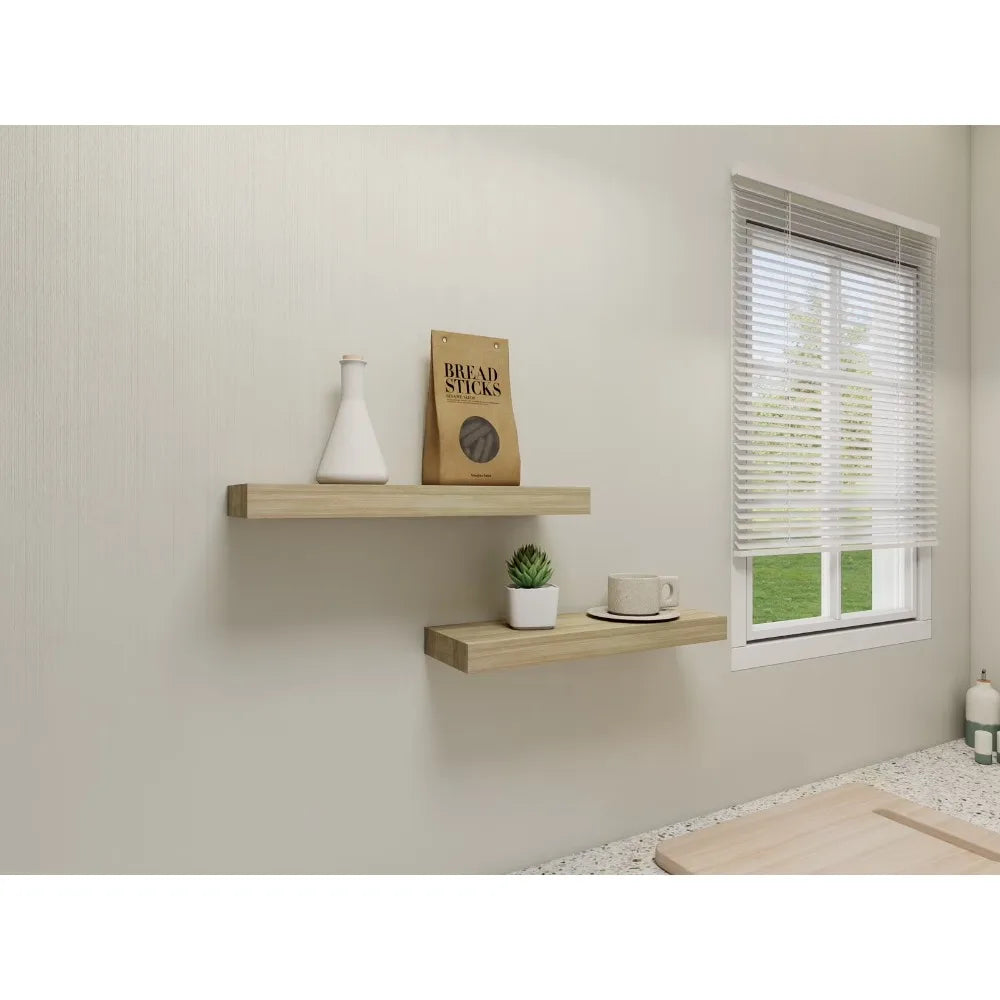 Natural Wood Floating Shelves Set Of 2 With Invisible Brackets